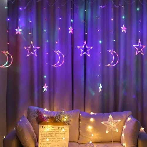 KHIZAR Star Moon LED Curtain String Lights | Eid Mubarak Ramadan Islamic Decor for Home, Window & Wall | Warm White Fairy Lights for Muslim Party, Nikah, Christmas & Festival Decoration (Multi Color) - Image 3