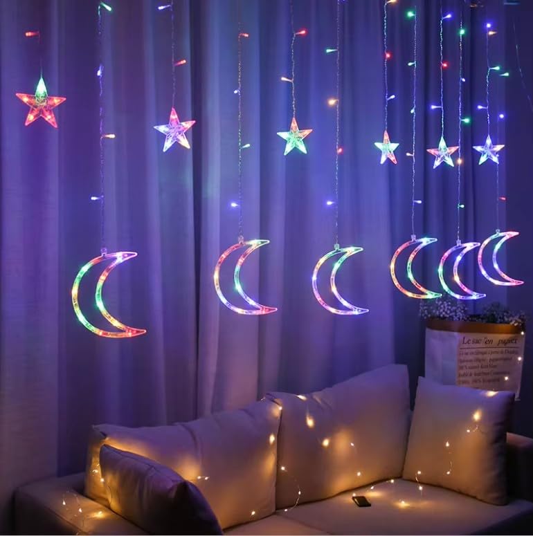 KHIZAR Star Moon LED Curtain String Lights | Eid Mubarak Ramadan Islamic Decor for Home, Window & Wall | Warm White Fairy Lights for Muslim Party, Nikah, Christmas & Festival Decoration (Multi Color) - Image 5