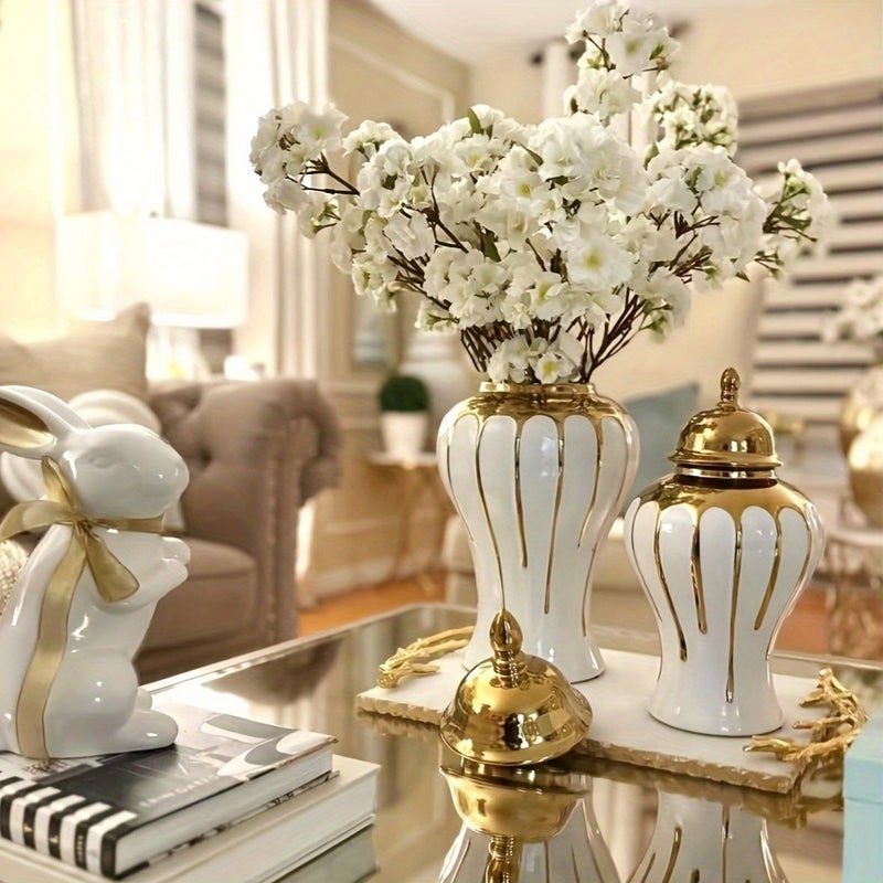 Contemporary Ceramic Cylinder Bud Vase Set 01 Large Size White And Gold Geometric Pattern Middle Eastern Design For Home Decor Living Room Wedding Centerpieces Non Electric Use - Image 1
