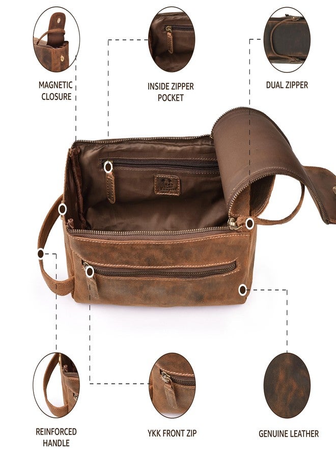 DHAMPOOH Genuine Leather Travel Toiletry Bag for Men & Women - Premium Water-Resistant Large Dopp Kit, Shaving Organizer & Compact Bathroom Essentials Case - Distressed Brown - Image 3