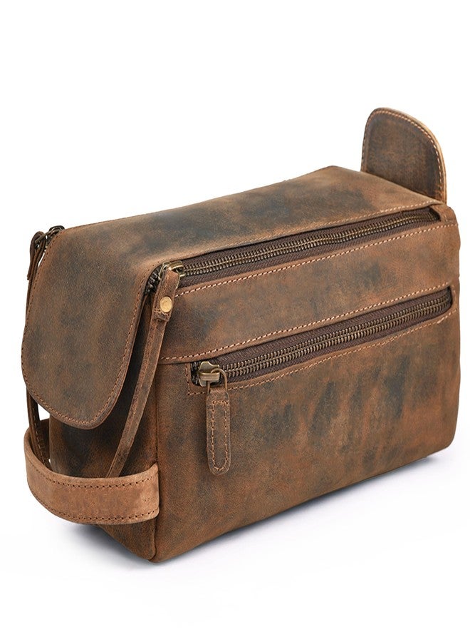 DHAMPOOH Genuine Leather Travel Toiletry Bag for Men & Women - Premium Water-Resistant Large Dopp Kit, Shaving Organizer & Compact Bathroom Essentials Case - Distressed Brown - Image 1