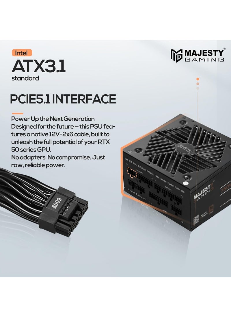 Majesty Majesty 750W Gold Fully Modular Low Noise Power Supply - ATX 3.1 & PCIe 5.1 Compatible - 105°C Capacitors - 80+ Gold Efficiency - Modern Standby Support - Black  - Image 2