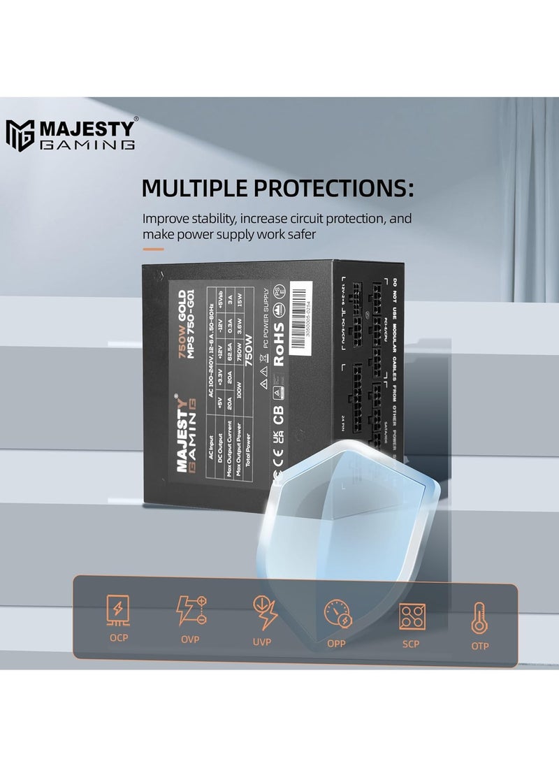 Majesty Majesty 750W Gold Fully Modular Low Noise Power Supply - ATX 3.1 & PCIe 5.1 Compatible - 105°C Capacitors - 80+ Gold Efficiency - Modern Standby Support - Black  - Image 3
