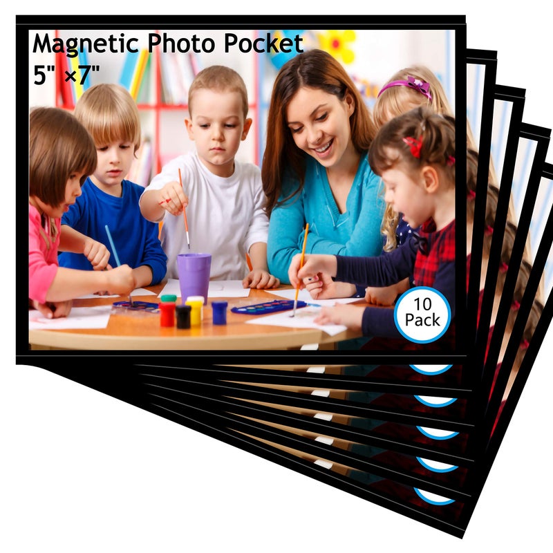 Mositear 10 Pack 5x7 Premium Magnetic Picture Pockets Frames with Black Holds 5 x 7 inches Photo for Refrigerator