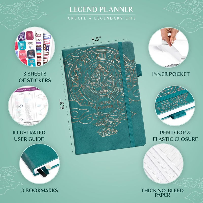 Legend Planner – مخطط أسبوعي وشهري فاخر لتحقيق أهدافك والعيش بسعادة أكبر. دفتر تنظيم ومفكرة إنتاجية. غلاف مقوى A5، غير مؤرخ – ابدأ في أي وقت + ملصقات – أخضر زمردي - Image 2