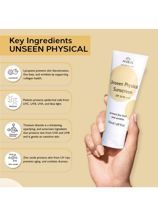 AVEIL Unseen Physical Sunscreen SPF 50 PA +++ | 50ml | UVA, UVB & Blue Light Protection | No White Cast | Water & Sweat Resistant | Hydrating Sunscreen | Prevents Fine Lines & Wrinkles | Pack of 2 - Image 2
