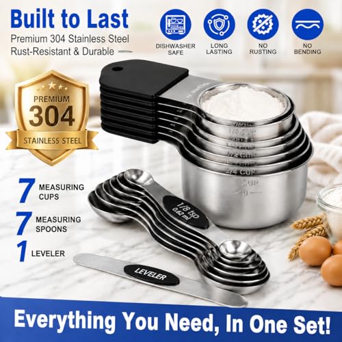vfuni Magnetic Measuring Cups Spoons Set Strong N45 Magnets Heavy Duty Stainless Steel Fits in Spice Jars for Baking Cooking BPA Free Round Set of 15 with LevelerDark Black - Image 3