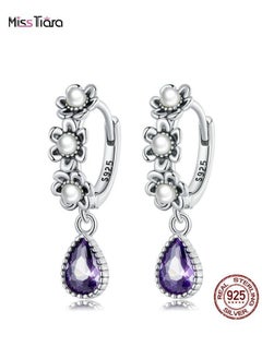 S925 Sterling Silver Retro Earrings Purple Zircon Shell Beads Simple Blooming Flower Stud Earrings for Women and Girls