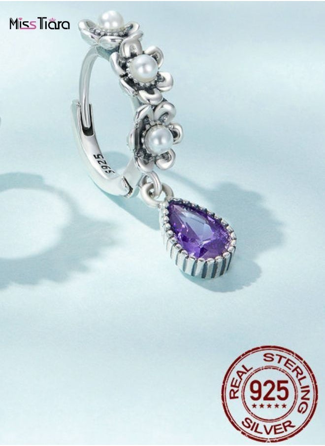 MissTiara - S925 Sterling Silver Retro Earrings Purple Zircon Shell Beads Simple Blooming Flower Stud Earrings for Women and Girls - Image 1