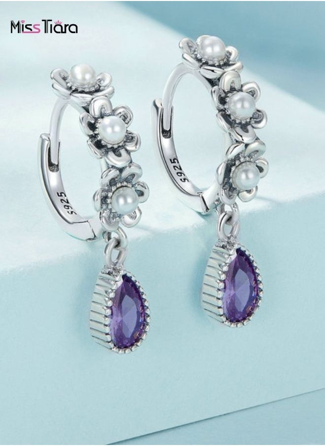 MissTiara - S925 Sterling Silver Retro Earrings Purple Zircon Shell Beads Simple Blooming Flower Stud Earrings for Women and Girls - Image 1