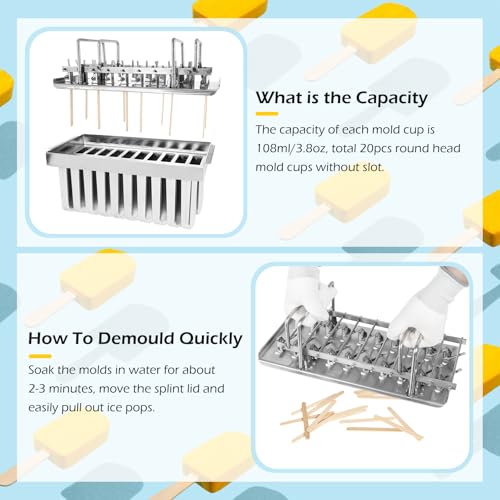 Dyna-Living Commercial Popsicle Molds 20PCS Round Heads without Slot Stainless Steel Popsicle Molds Metal Ice Cream Popsicle Mold with Lid, Single Cup Capacity 108ml - Image 4