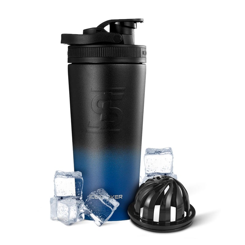 Ice Shaker زجاجة هزازة معزولة من الفولاذ المقاوم للصدأ | 26 أونصة، أزرق داكن وأسود | تبقى باردة لأكثر من 30 ساعة | كوب معزول مع محرك دوار | زجاجة خالية من الروائح لاهتزازات البروتين، الماء، العصائر، الكوكتيلات - Image 1