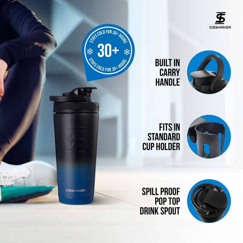 Ice Shaker زجاجة هزازة معزولة من الفولاذ المقاوم للصدأ | 26 أونصة، أزرق داكن وأسود | تبقى باردة لأكثر من 30 ساعة | كوب معزول مع محرك دوار | زجاجة خالية من الروائح لاهتزازات البروتين، الماء، العصائر، الكوكتيلات - Image 3