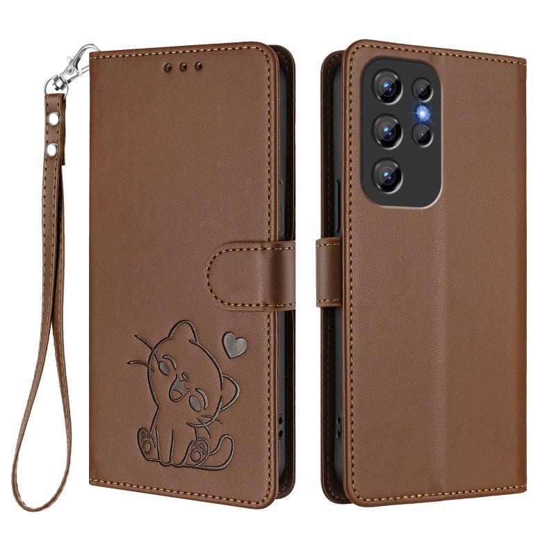 إيروريكس جراب هاتف من جلد القطة المنقوش لهاتف Oukitel C1 / C1 Pro مع حزام يد (بني) - Image 2