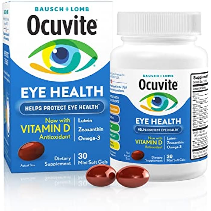 Ocuvite أوكوفيت لصحة العين، مكمل لوتين وزياكسانثين، فيتامين للعين مع فيتامين د، ج، هـ ومكمل أوميغا-3، يساعد في حماية صحة العين، 30 كبسولة لينة - Image 1