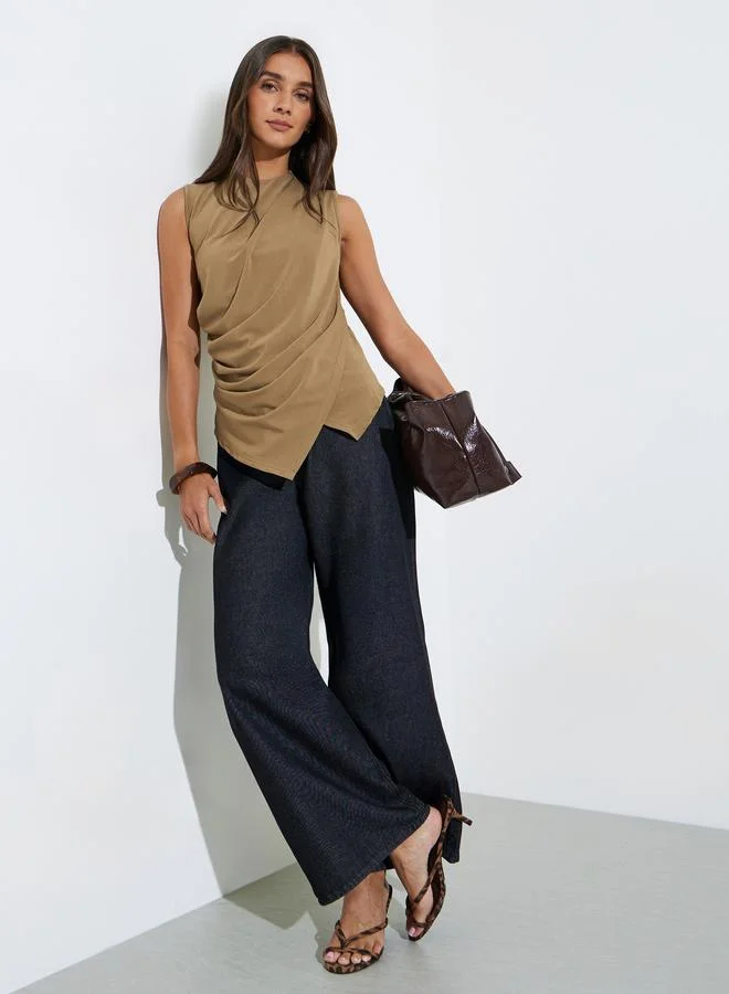 Styli Beige Sleeveless Asymmetric Hem Waistcoat Top