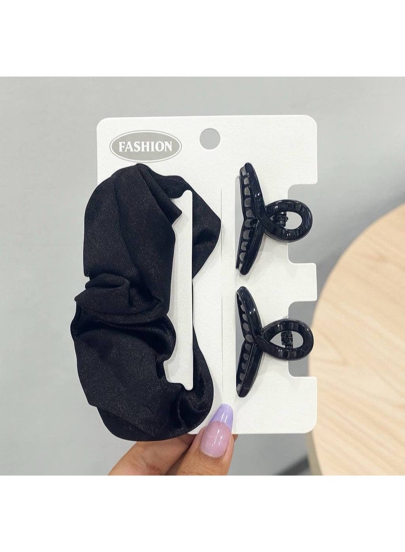 Set of Hair Accessoires 1 Black Satin Scrunchie & 2 Small Hair Calws