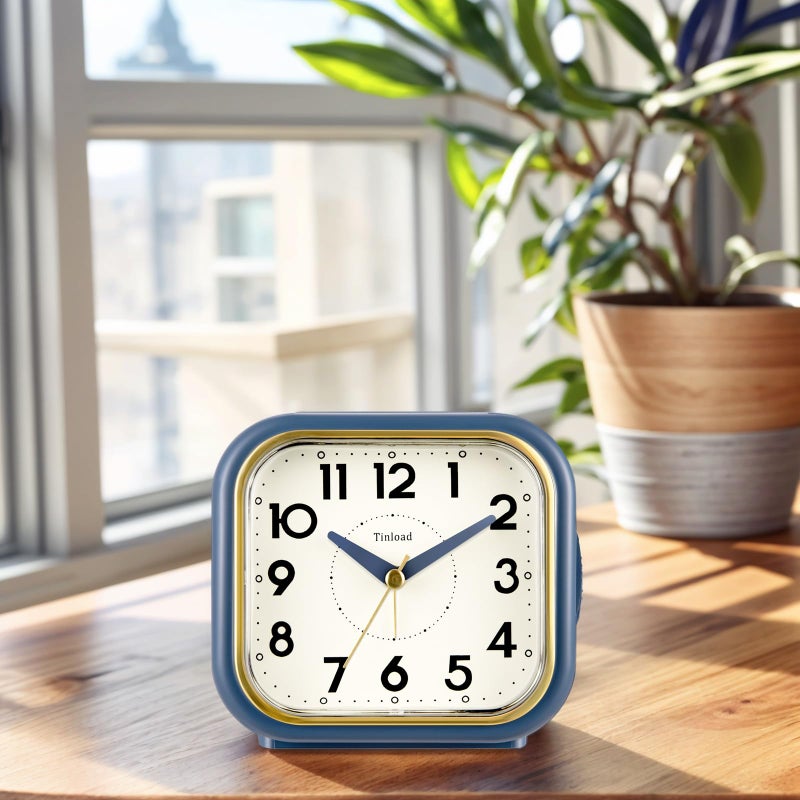Tinload 4.3" Retro Analog Alarm Clock â€¢ Silent Non Ticking â€¢ Gentle Wake â€¢ Beep Sounds â€¢ Increasing Volume â€¢ Battery Operated Snooze and Lighted on Demand â€¢ Retro Blue - Image 2
