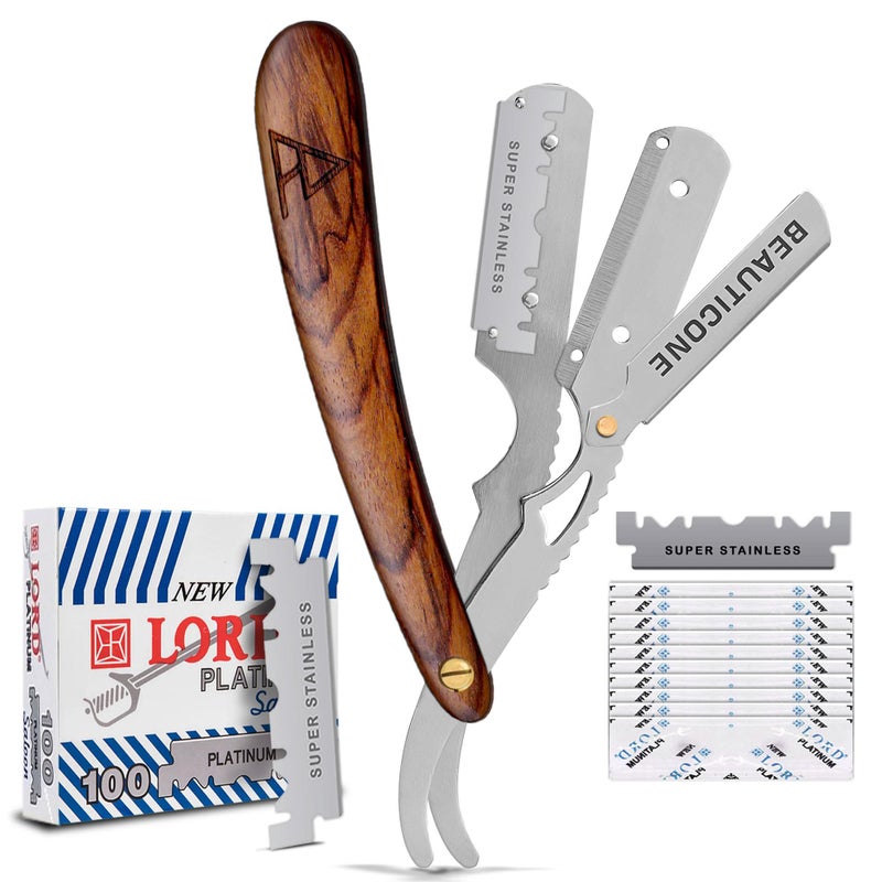 BEAUTICONE Straight Razors for Men, Straight Edge Razor, 100 Single Edge Blades, Stainless Steel, Barber Razor for Men's Shaving, Barber Shaving Knife, Wooden, Swinglock - Image 1