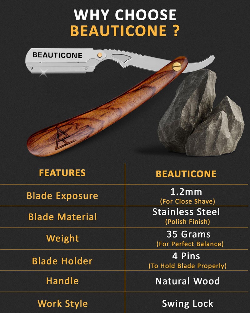 BEAUTICONE Straight Razors for Men, Straight Edge Razor, 100 Single Edge Blades, Stainless Steel, Barber Razor for Men's Shaving, Barber Shaving Knife, Wooden, Swinglock - Image 2