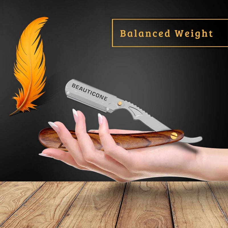 BEAUTICONE Straight Razors for Men, Straight Edge Razor, 100 Single Edge Blades, Stainless Steel, Barber Razor for Men's Shaving, Barber Shaving Knife, Wooden, Swinglock - Image 3
