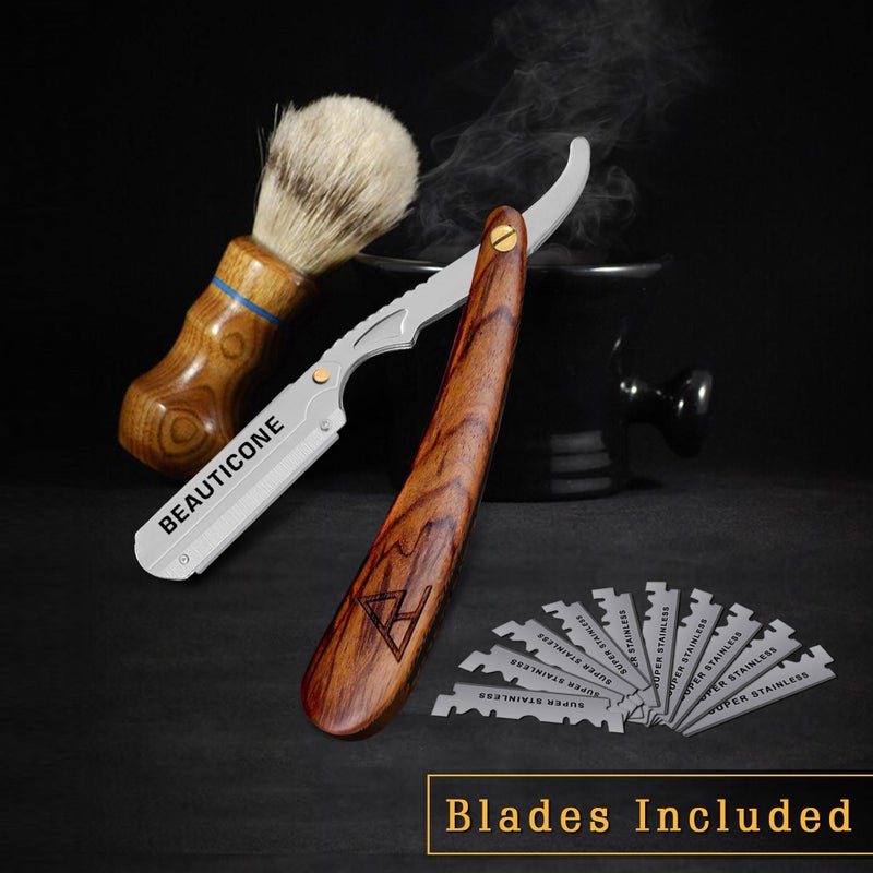 BEAUTICONE Straight Razors for Men, Straight Edge Razor, 100 Single Edge Blades, Stainless Steel, Barber Razor for Men's Shaving, Barber Shaving Knife, Wooden, Swinglock - Image 4