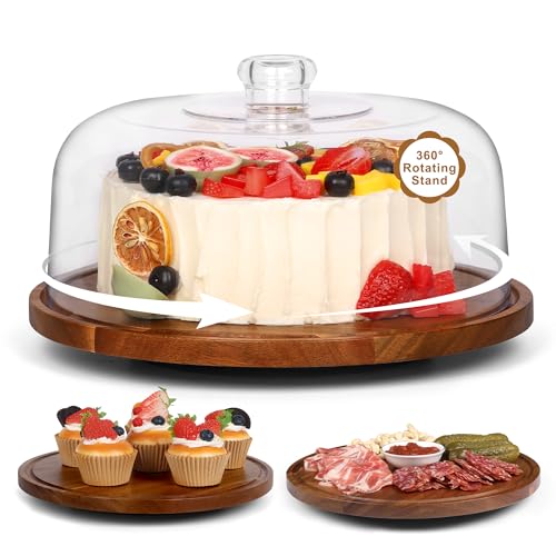Bellsal Cake Stand with Dome Lid, 12in Acacia Wood Cake Plate with Cover, Wooden Cake Display Stand with Acrylic Dome, Cake Decorating for Baking Gifts, Birthday Kitchen Party, Weddings - Image 1