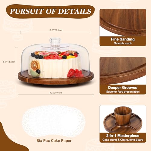 Bellsal Cake Stand with Dome Lid, 12in Acacia Wood Cake Plate with Cover, Wooden Cake Display Stand with Acrylic Dome, Cake Decorating for Baking Gifts, Birthday Kitchen Party, Weddings - Image 2