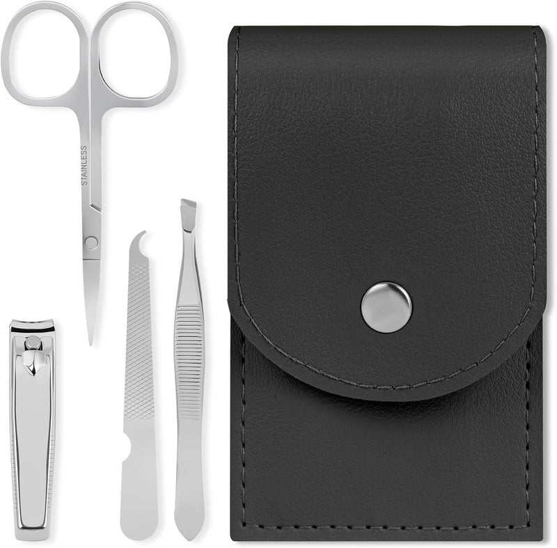 LOPHE Professional Manicure Set 4pcs Portable Nail Clippers Eyebrow Grooming Kit Stainless Steel Nail Care Tools with Luxurious Leather Case for Travel HomeBlack