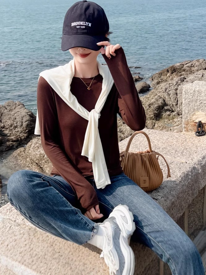 Powerful Factory Early Spring Lyocell Acetate Wool Round Neck Muscle Base Bottoming Shirt Women'S Right Shoulder Long-Sleeved T-Shirt - Image 4