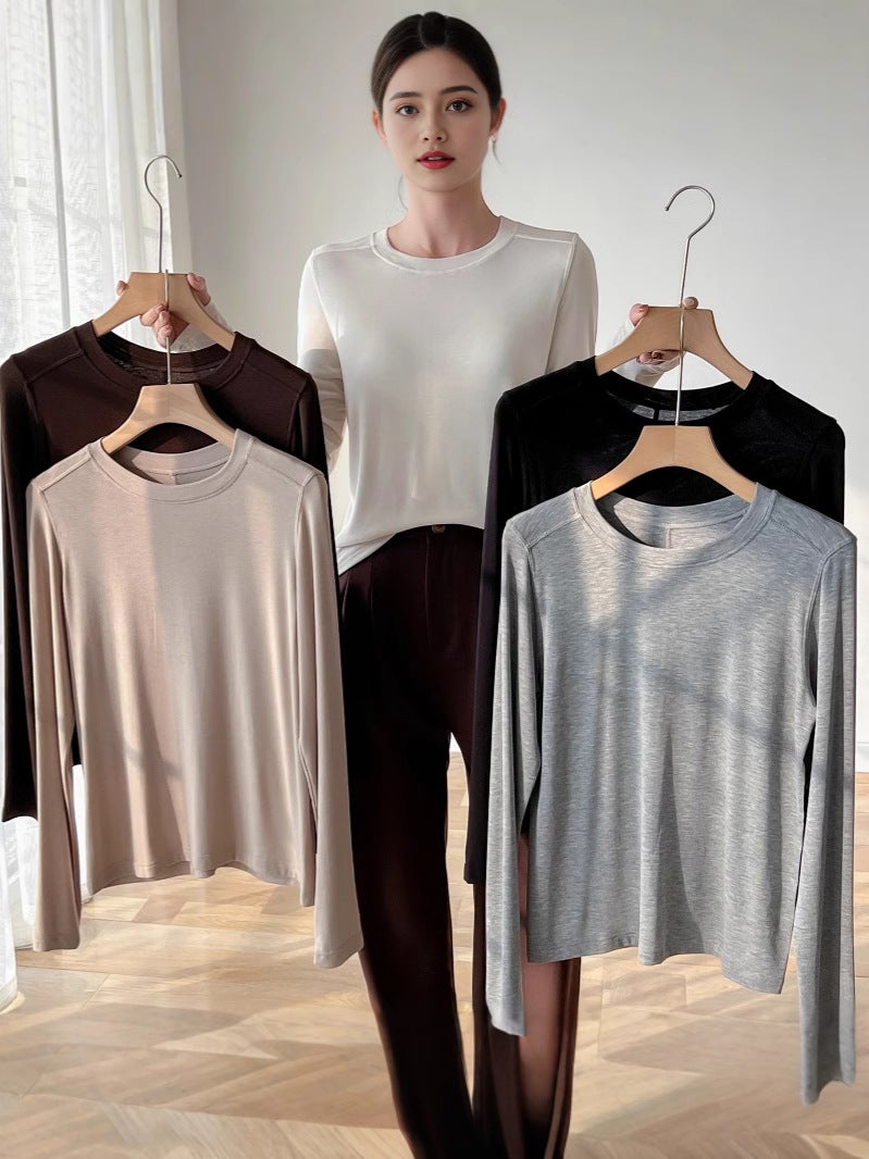 Powerful Factory Early Spring Lyocell Acetate Wool Round Neck Muscle Base Bottoming Shirt Women'S Right Shoulder Long-Sleeved T-Shirt - Image 2