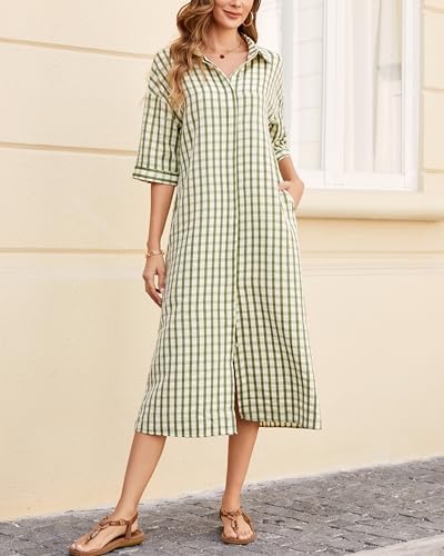 YEXPINE Women's Half Sleeve Plaid Maxi Dress 2026 Spring Summer Gingham Casual Button Down Long Loose Belted Dress Light Green - Image 5