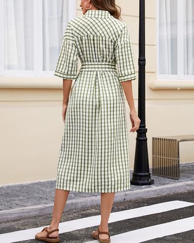 YEXPINE Women's Half Sleeve Plaid Maxi Dress 2026 Spring Summer Gingham Casual Button Down Long Loose Belted Dress Light Green - Image 4