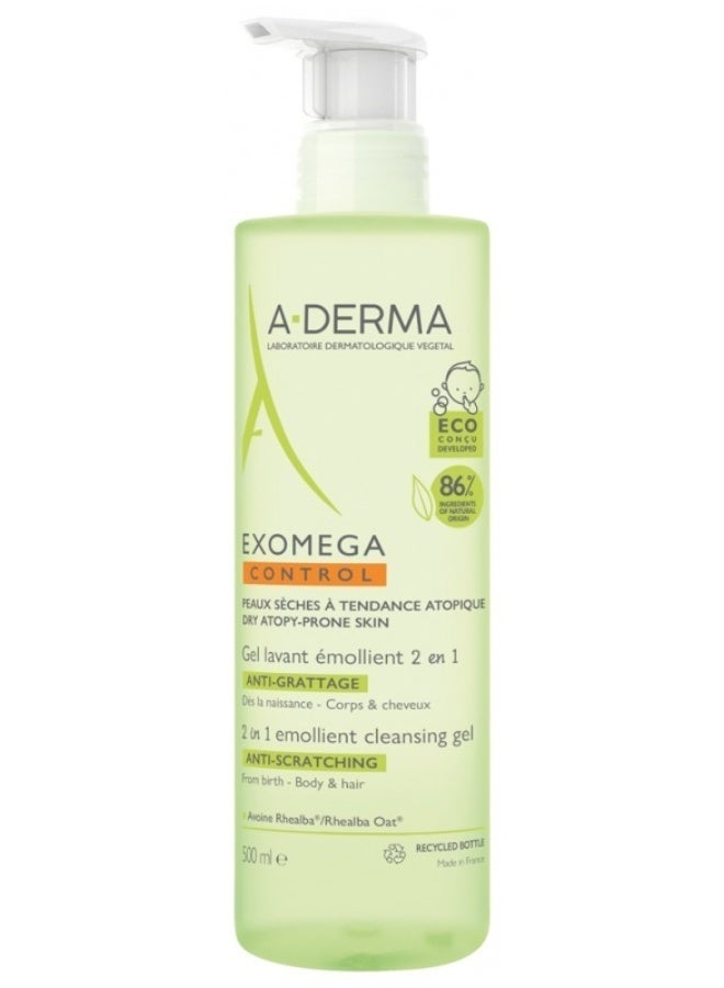 A-DERMA Exomega Control 2in1 Emollient Cleansing Gel Anti-Scratching 500ml - Image 1