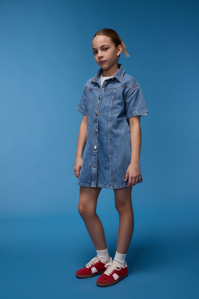 DeFacto Girl Shirt Collar Short Sleeve Cotton Jean Dress - Image 1