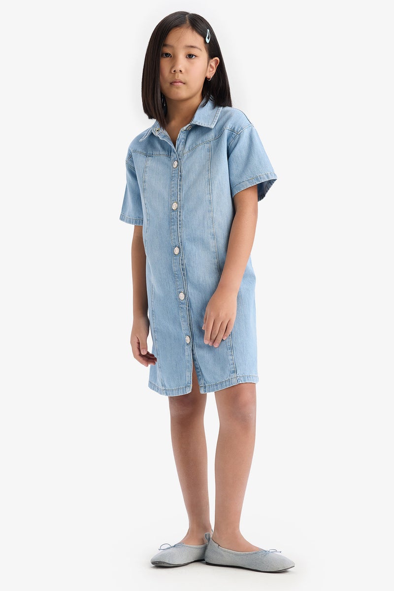 DeFacto Girl Shirt Collar Short Sleeve Cotton Jean Dress - Image 2