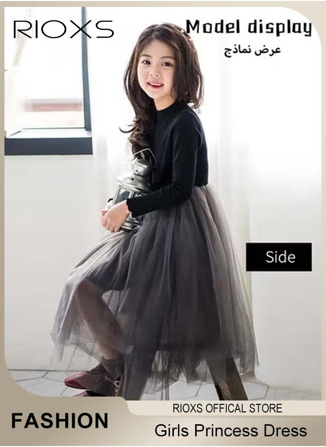 RIOXS Girls A-line Tutu Dress, Round Neck Long Sleeve Slim Dress, Elegant Princess Dress with Mesh Hem, Perfect for Both Daily Wear and Party Events  - Image 4