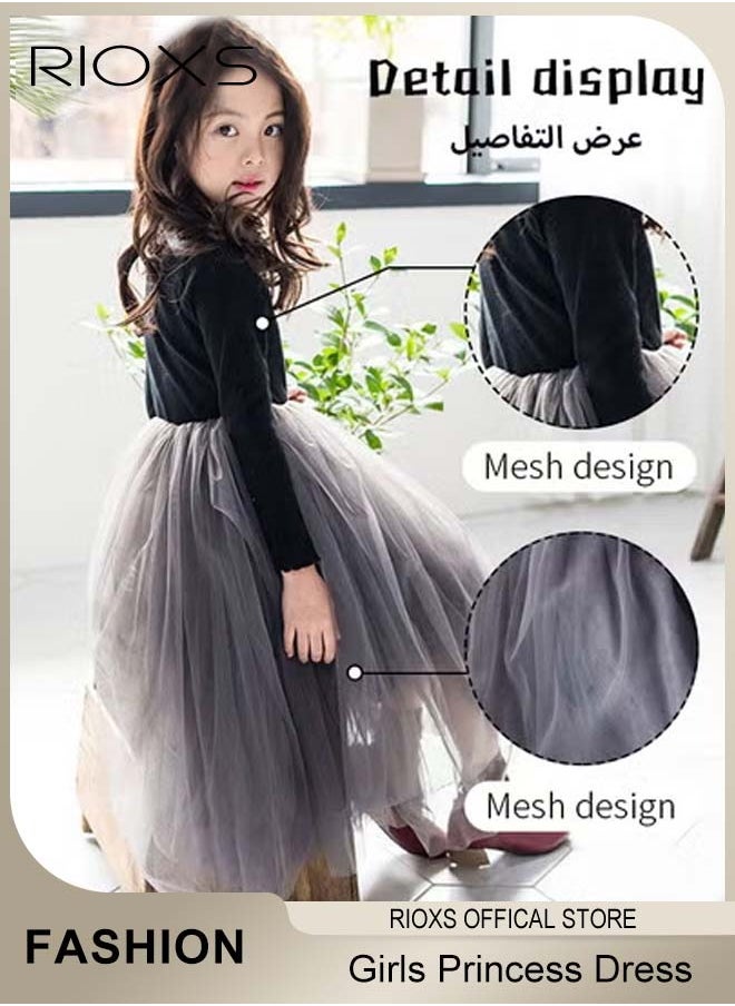RIOXS Girls A-line Tutu Dress, Round Neck Long Sleeve Slim Dress, Elegant Princess Dress with Mesh Hem, Perfect for Both Daily Wear and Party Events  - Image 3