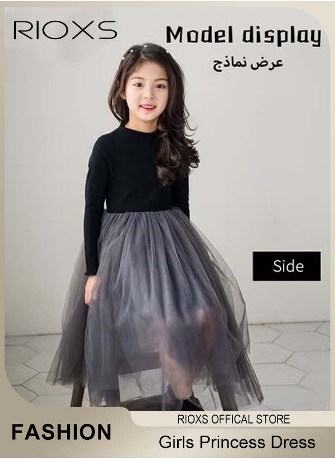 RIOXS Girls A-line Tutu Dress, Round Neck Long Sleeve Slim Dress, Elegant Princess Dress with Mesh Hem, Perfect for Both Daily Wear and Party Events  - Image 2