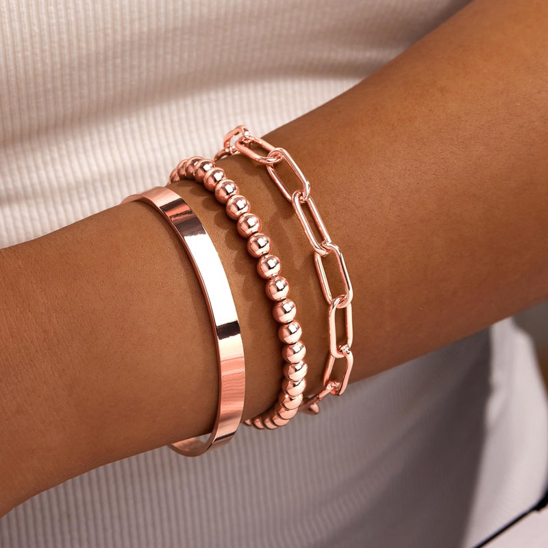 Gokeey Rose Gold Bracelets for Women Non Tarnish Waterproof Rose Gold Bracelets Stack Dainty Cuff Paperclip Bead Cuban Layered Chain for Jewelry Gifts - Image 5