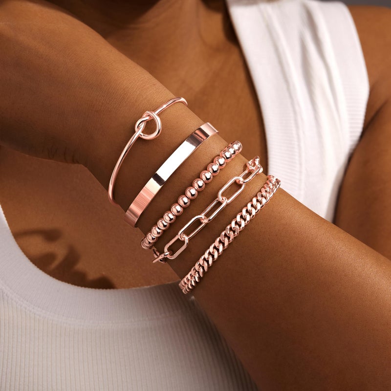 Gokeey Rose Gold Bracelets for Women Non Tarnish Waterproof Rose Gold Bracelets Stack Dainty Cuff Paperclip Bead Cuban Layered Chain for Jewelry Gifts - Image 3