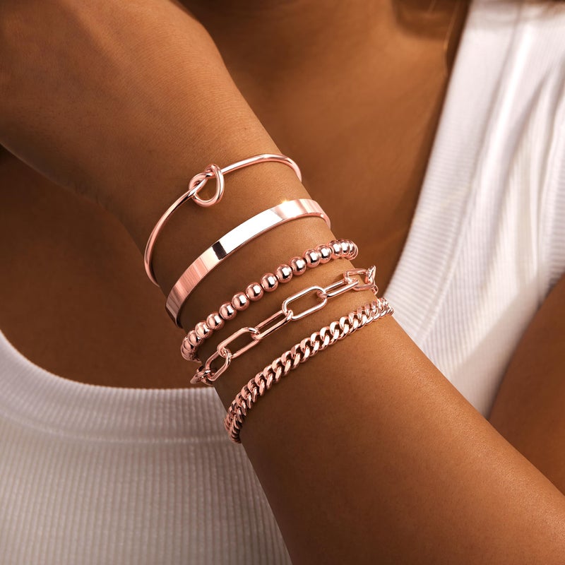 Gokeey Rose Gold Bracelets for Women Non Tarnish Waterproof Rose Gold Bracelets Stack Dainty Cuff Paperclip Bead Cuban Layered Chain for Jewelry Gifts - Image 2