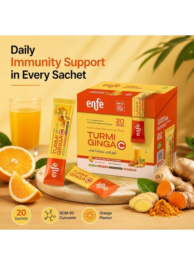 Enfe Turmeric Curcumin Ginger Vitamin C Sachets | BCM-95 | 7× Bioavailable | Immunity | Orange Flavour | 20 Sachets - Image 1