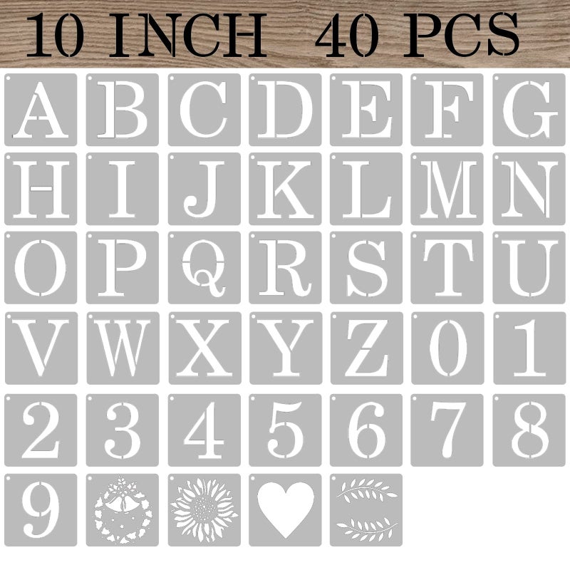 ASMPIO 10 Inch Letter Stencils Numbers Craft Stencils 40 Pcs Reusable Plastic Alphabet Drawing Templates for Painting on Wood Wall Fabric Rock Signage Door Porch