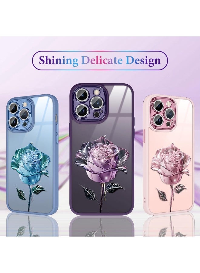 جراب هاتف iPhone 14 Pro Max، شفاف بتصميم بنمط زهور، غطاء واقٍ مقاوم للصدمات، مع واقي لامع لعدسة الكاميرا، للنساء والفتيات (أرجواني) - Image 2