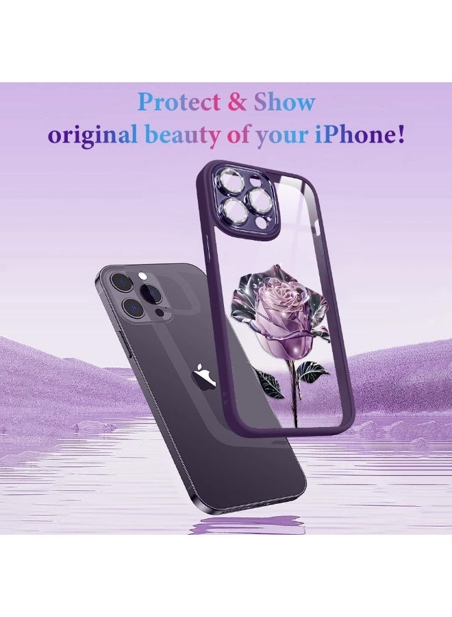 جراب هاتف iPhone 14 Pro Max، شفاف بتصميم بنمط زهور، غطاء واقٍ مقاوم للصدمات، مع واقي لامع لعدسة الكاميرا، للنساء والفتيات (أرجواني) - Image 3