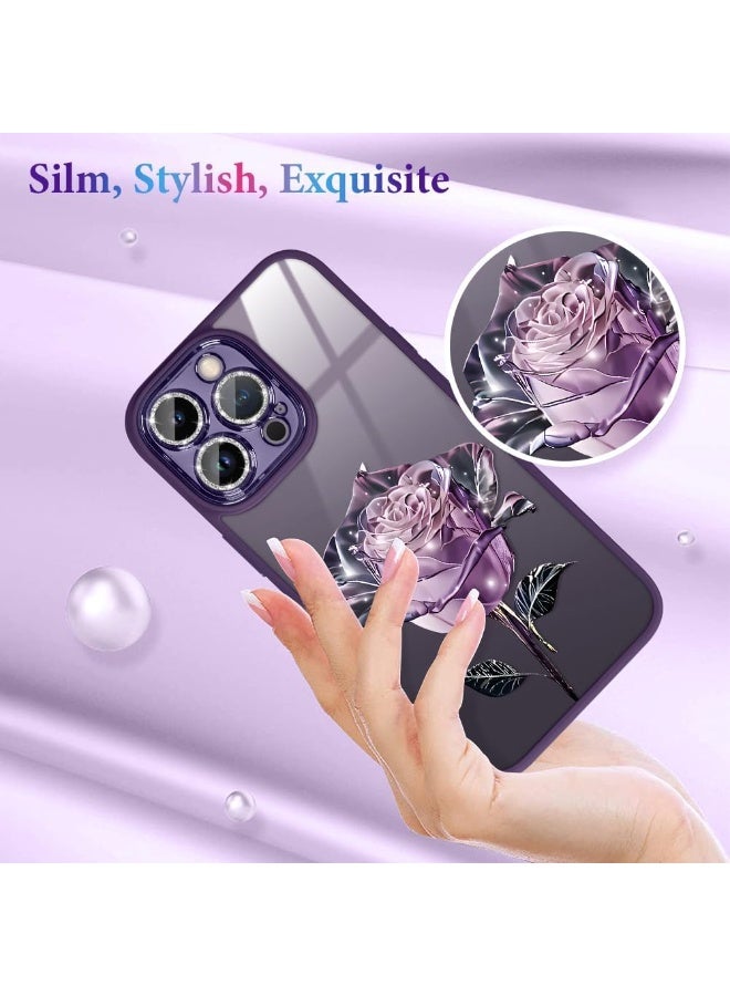 جراب هاتف iPhone 14 Pro Max، شفاف بتصميم بنمط زهور، غطاء واقٍ مقاوم للصدمات، مع واقي لامع لعدسة الكاميرا، للنساء والفتيات (أرجواني) - Image 4