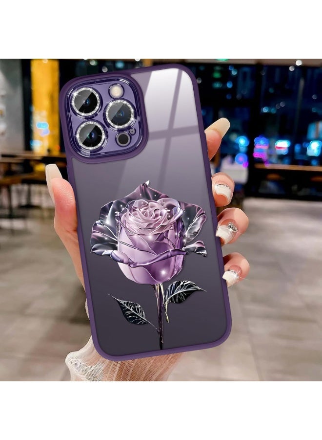 جراب هاتف iPhone 14 Pro Max، شفاف بتصميم بنمط زهور، غطاء واقٍ مقاوم للصدمات، مع واقي لامع لعدسة الكاميرا، للنساء والفتيات (أرجواني) - Image 1