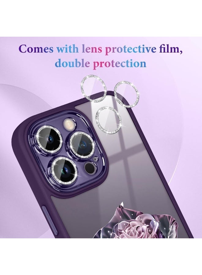 جراب هاتف iPhone 14 Pro Max، شفاف بتصميم بنمط زهور، غطاء واقٍ مقاوم للصدمات، مع واقي لامع لعدسة الكاميرا، للنساء والفتيات (أرجواني) - Image 5