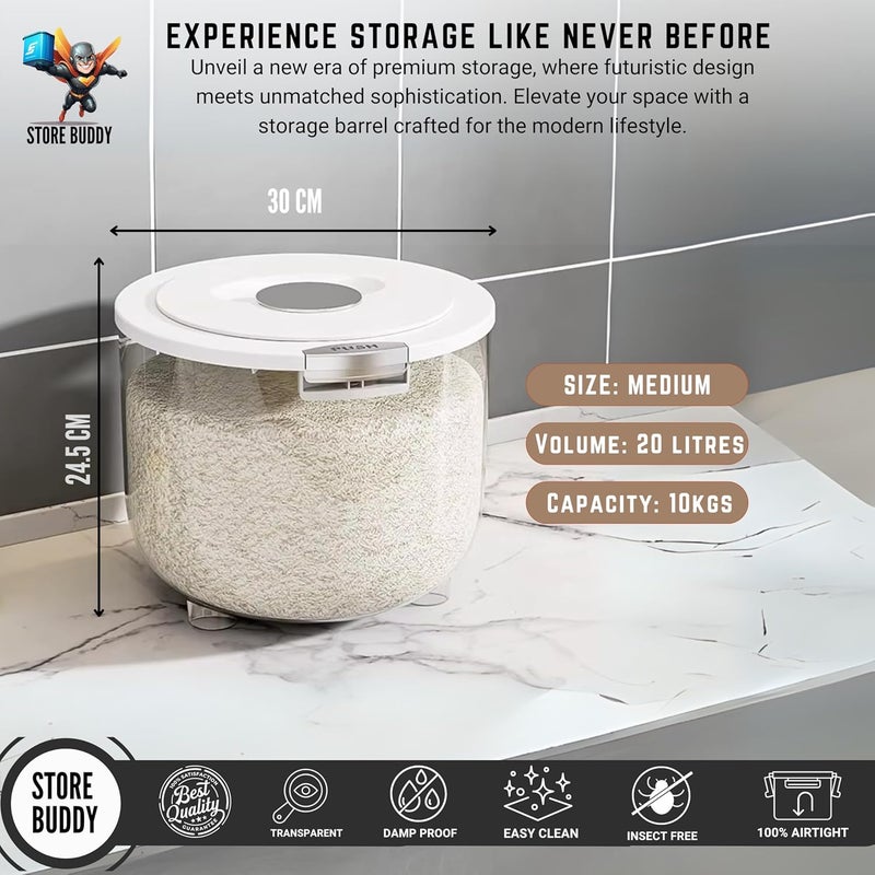 Buddy Store Rice Storage Container Barrel | Air Tight Transparent Plastic Containers | Dal Pulses Cereal & Flour Airtight Box | Large & Big Size Modular Home Organizer (Barrel - Medium) - Image 2